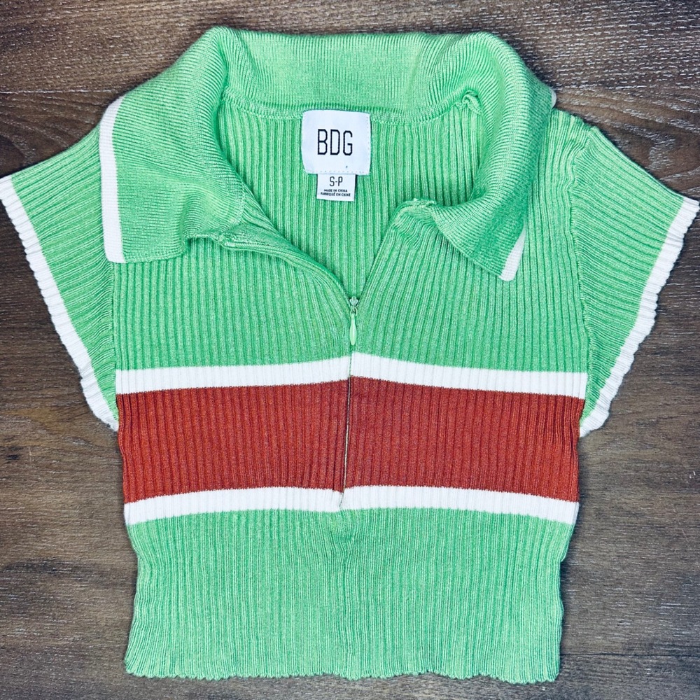 BDG Urban Outfitters Ribbed Collared Zip Up‎ Crop Top Green S Short Sleeve